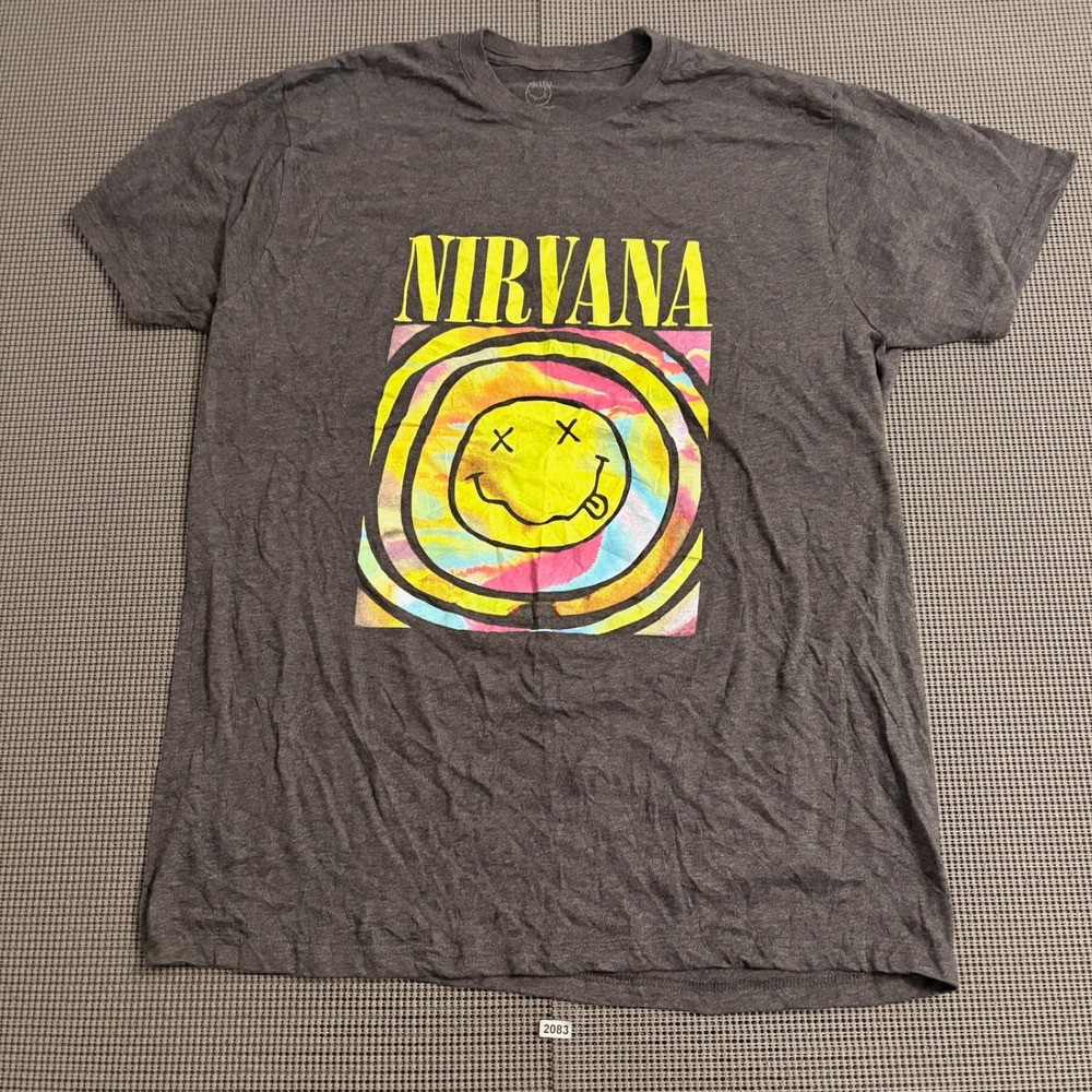 Nirvana Smiley Face Graphic Tee Charcoal Gray Heather Band T-Shirt Size XL